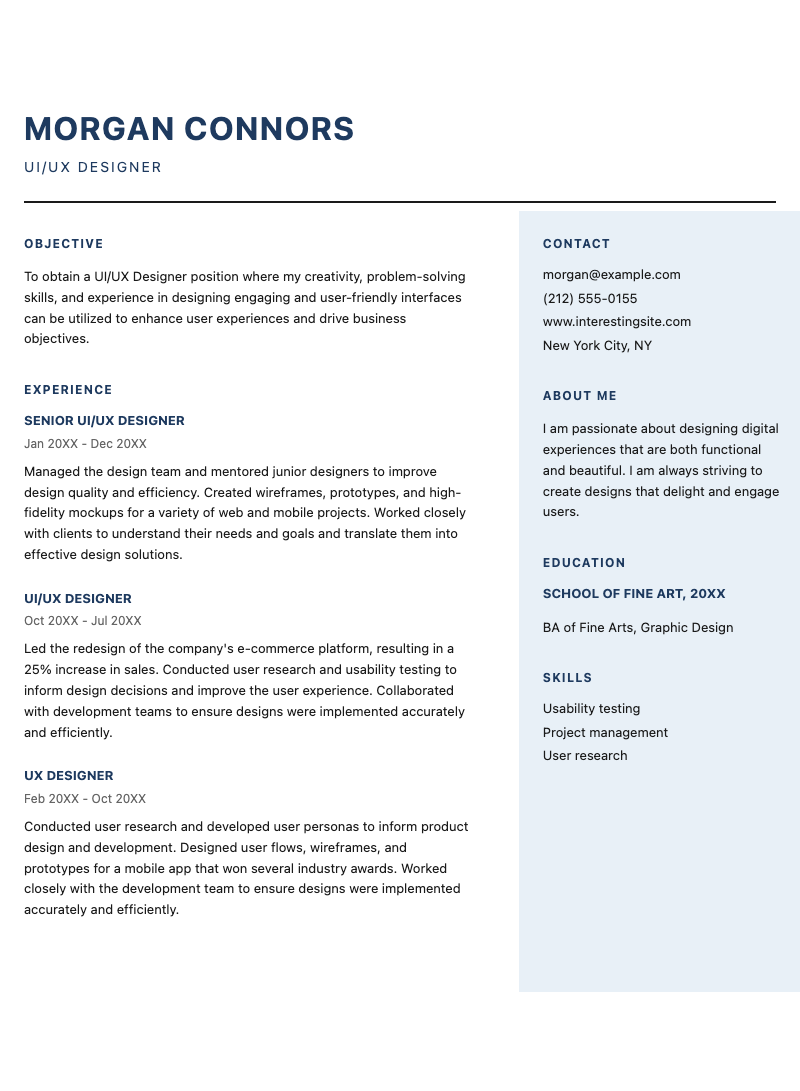 Simple UIUX designer resume - Professional resume template for designers, featuring contact section, work experience, skills, and education layout.